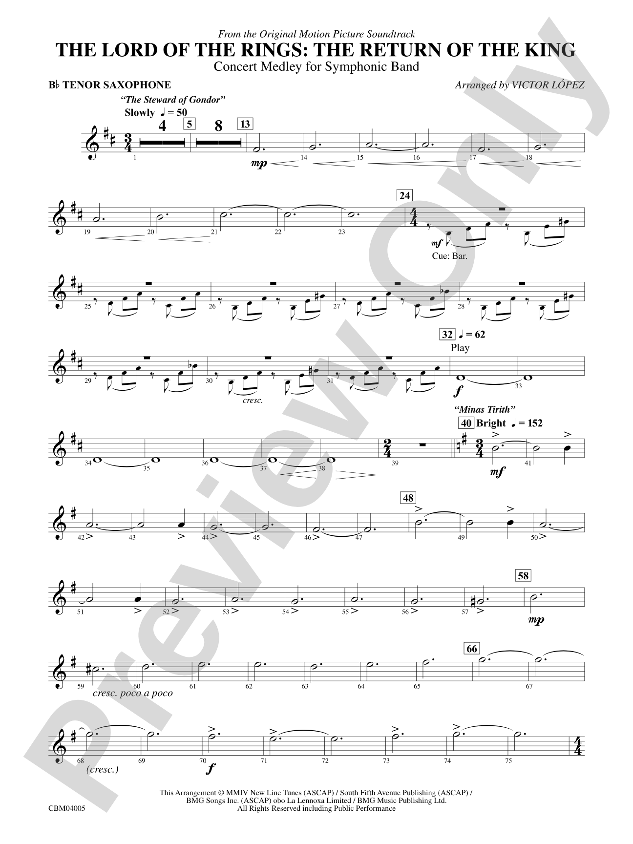 The Lord of the Rings: The Return of the King, Symphonic Suite from: B-flat Tenor Saxophone