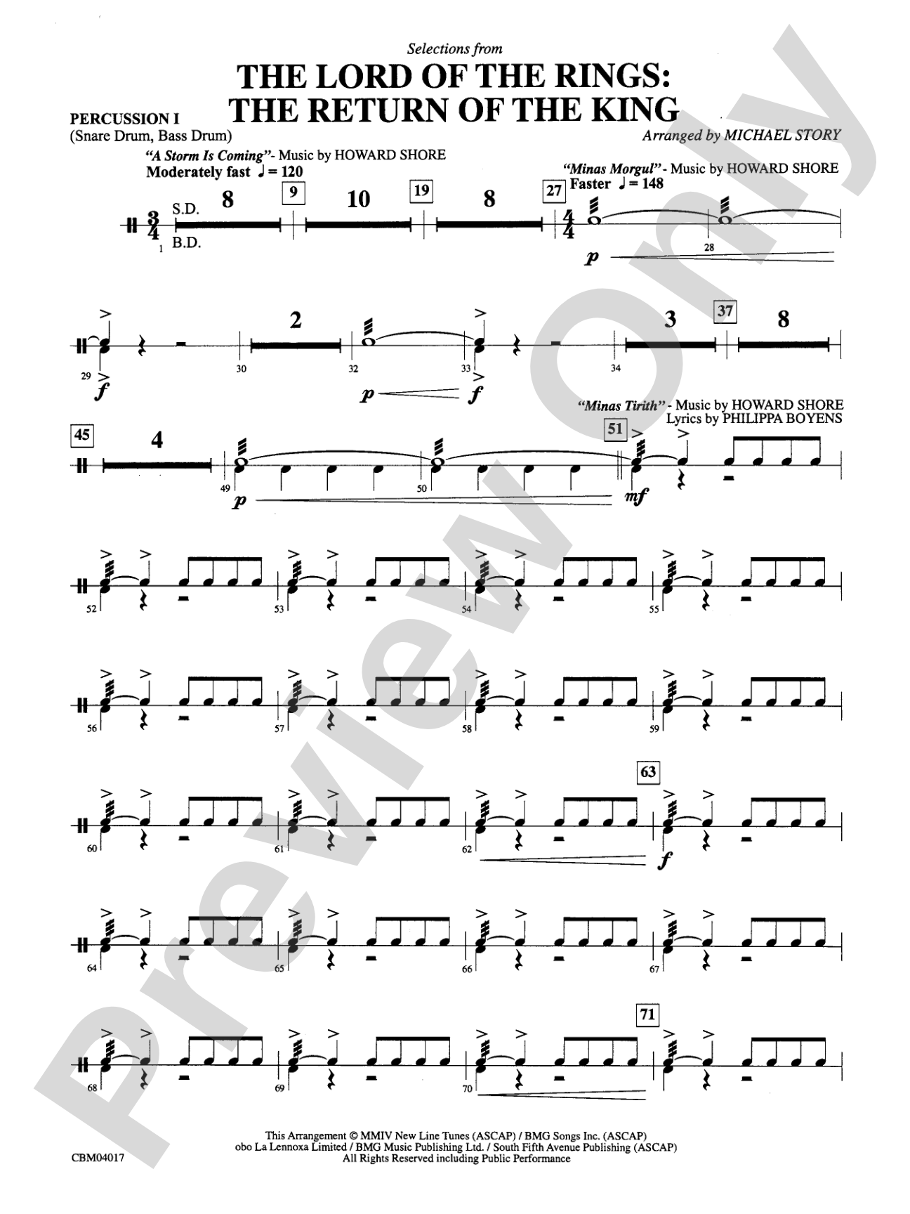 The Lord of the Rings: The Return of the King, Selections from: 1st Percussion