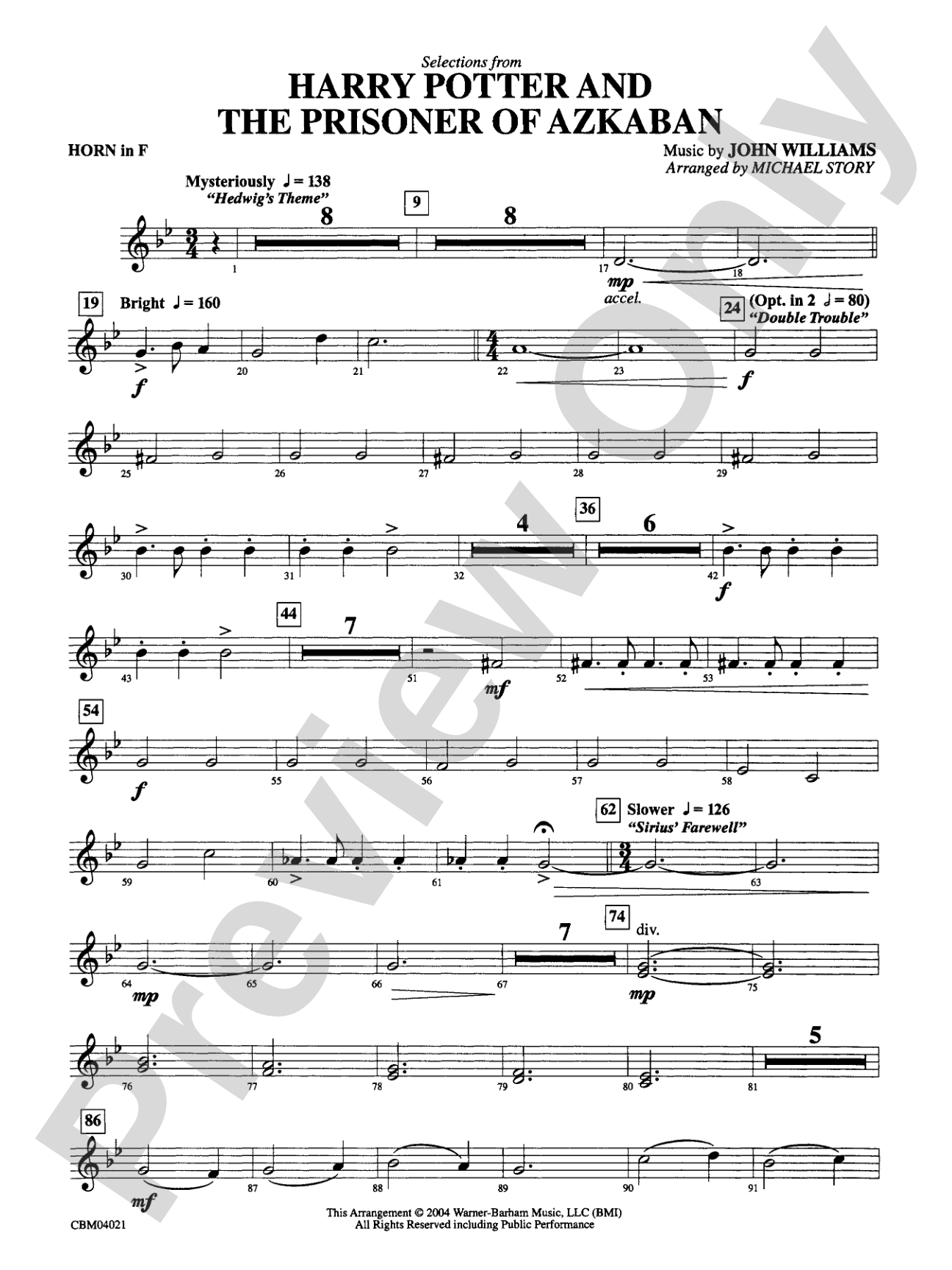 Harry Potter and the Prisoner of Azkaban, Selections from: 1st F Horn