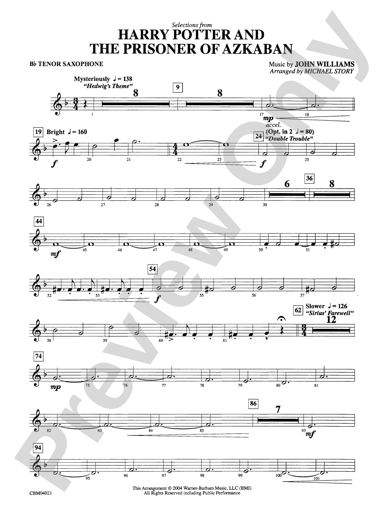 Harry Potter and the Prisoner of Azkaban, Selections from: B-flat Tenor Saxophone