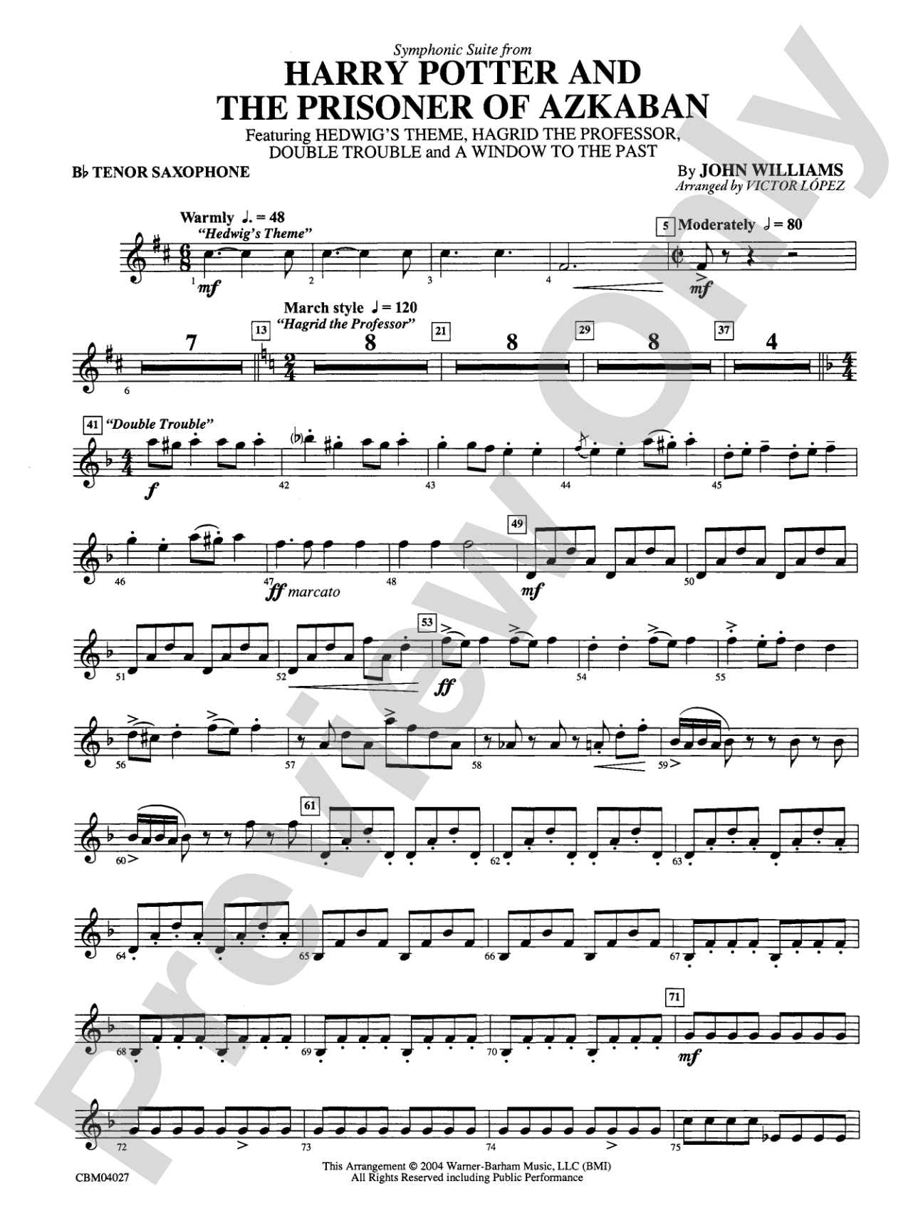 Harry Potter and the Prisoner of Azkaban, Symphonic Suite from: B-flat Tenor Saxophone