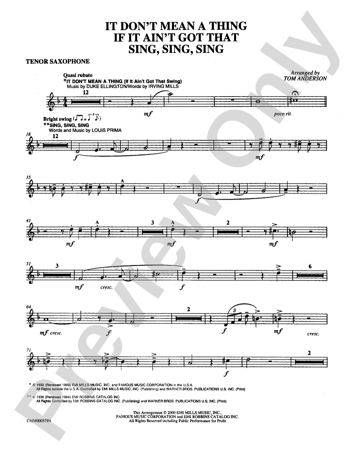 It Don't Mean a Thing If It Ain't Got That Sing, Sing, Sing: B-flat Tenor Saxophone: Choral Instrumental Parts