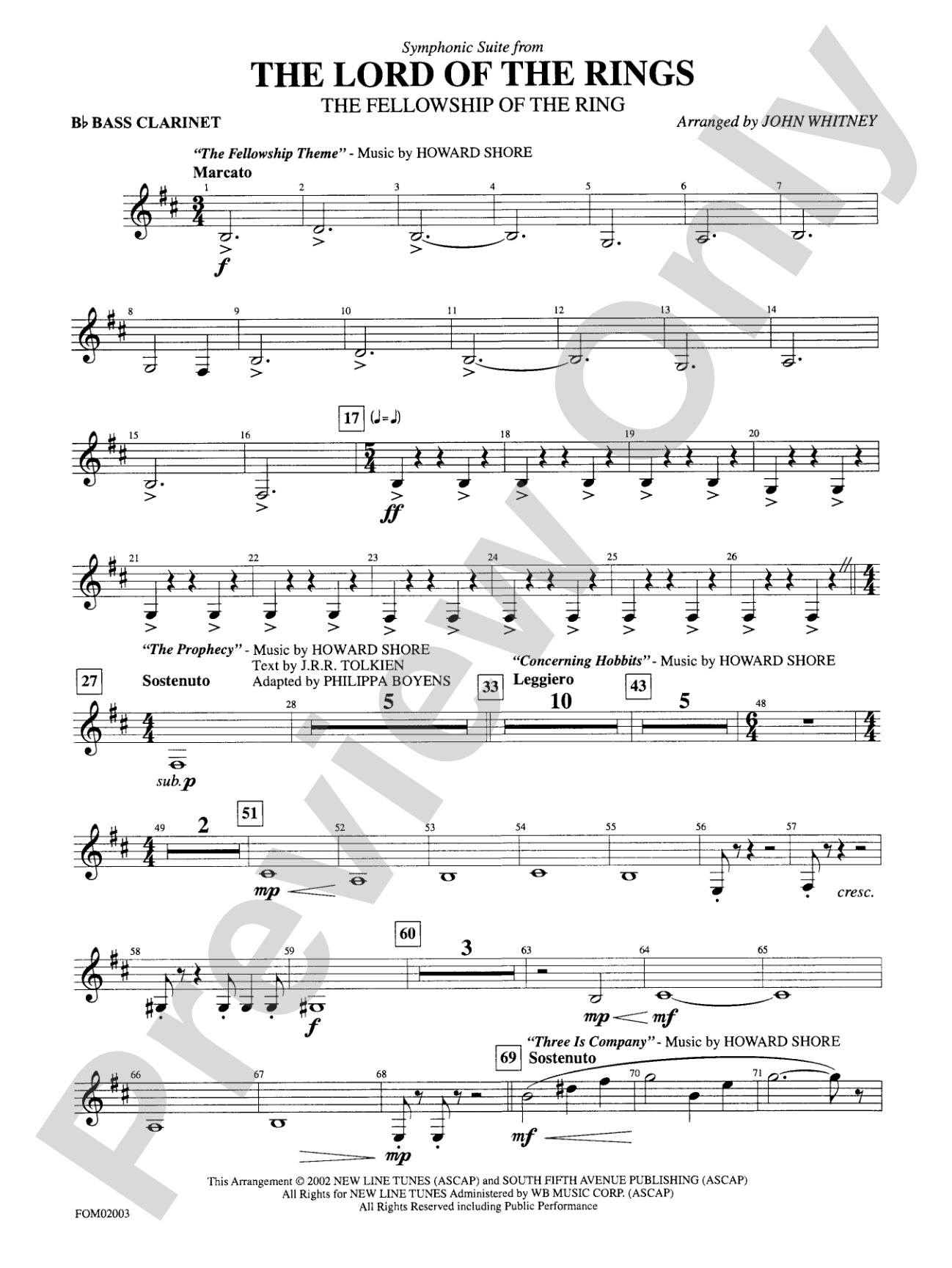 The Lord of the Rings: The Fellowship of the Ring, Symphonic Suite from: B-flat Bass Clarinet