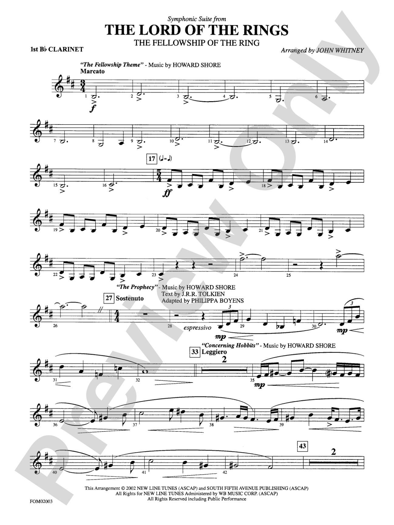 The Lord of the Rings: The Fellowship of the Ring, Symphonic Suite from: 1st B-flat Clarinet
