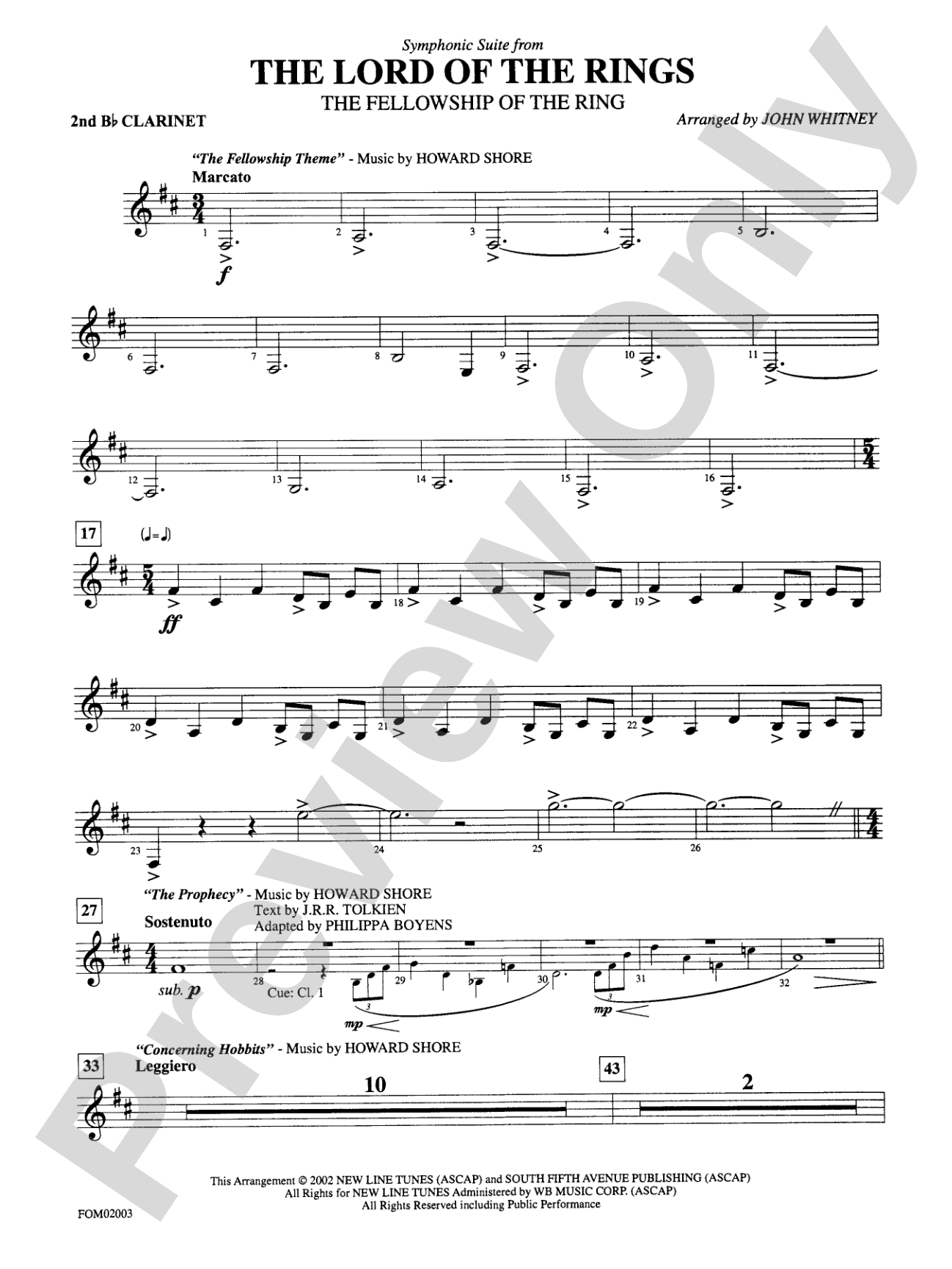 The Lord of the Rings: The Fellowship of the Ring, Symphonic Suite from: 2nd B-flat Clarinet