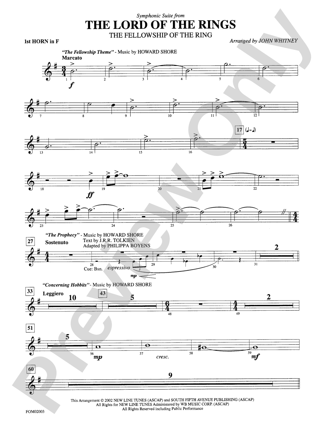 The Lord of the Rings: The Fellowship of the Ring, Symphonic Suite from: 1st F Horn