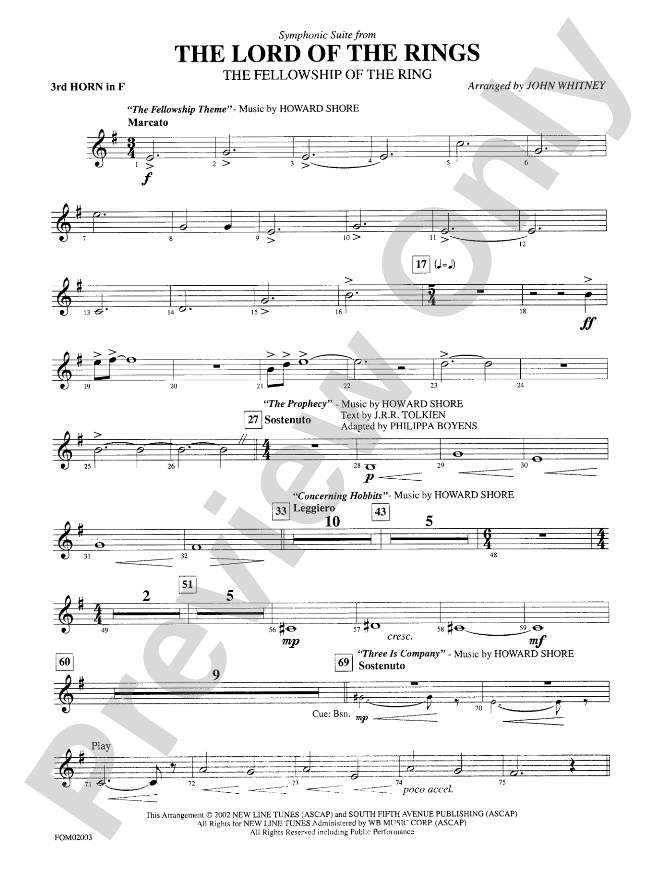 The Lord of the Rings: The Fellowship of the Ring, Symphonic Suite from: 3rd F Horn