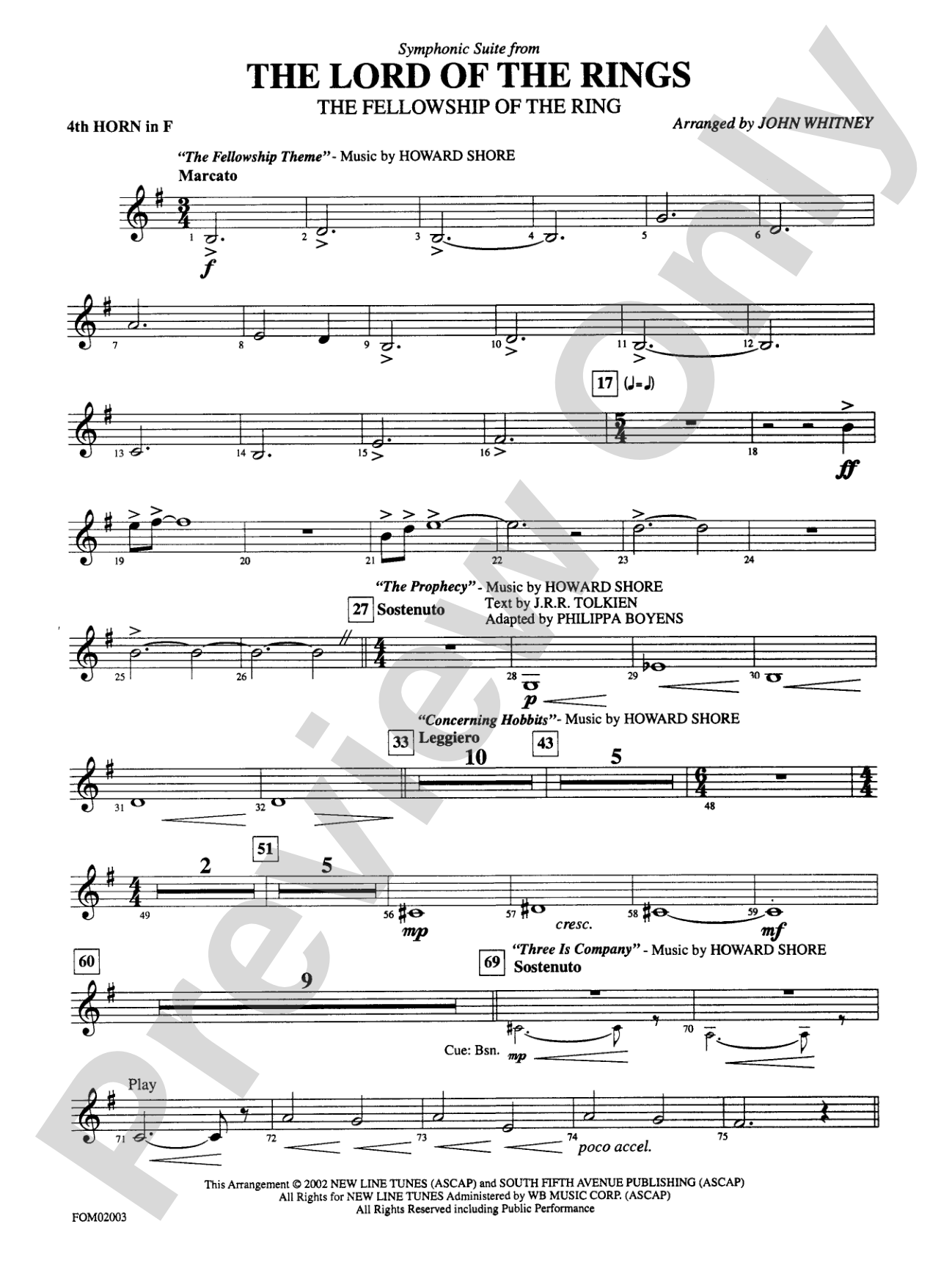 The Lord of the Rings: The Fellowship of the Ring, Symphonic Suite from: 4th F Horn