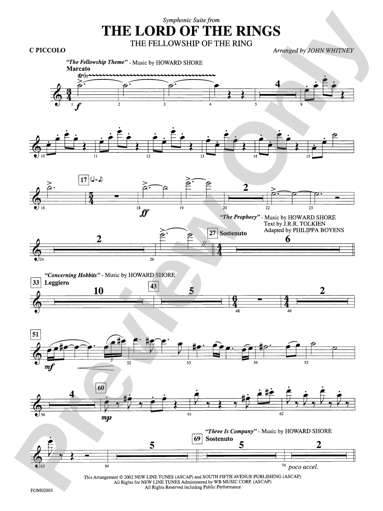 The Lord of the Rings: The Fellowship of the Ring, Symphonic Suite from: Piccolo
