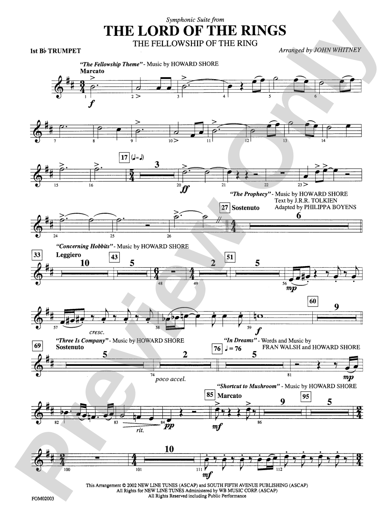 The Lord of the Rings: The Fellowship of the Ring, Symphonic Suite from: 1st B-flat Trumpet