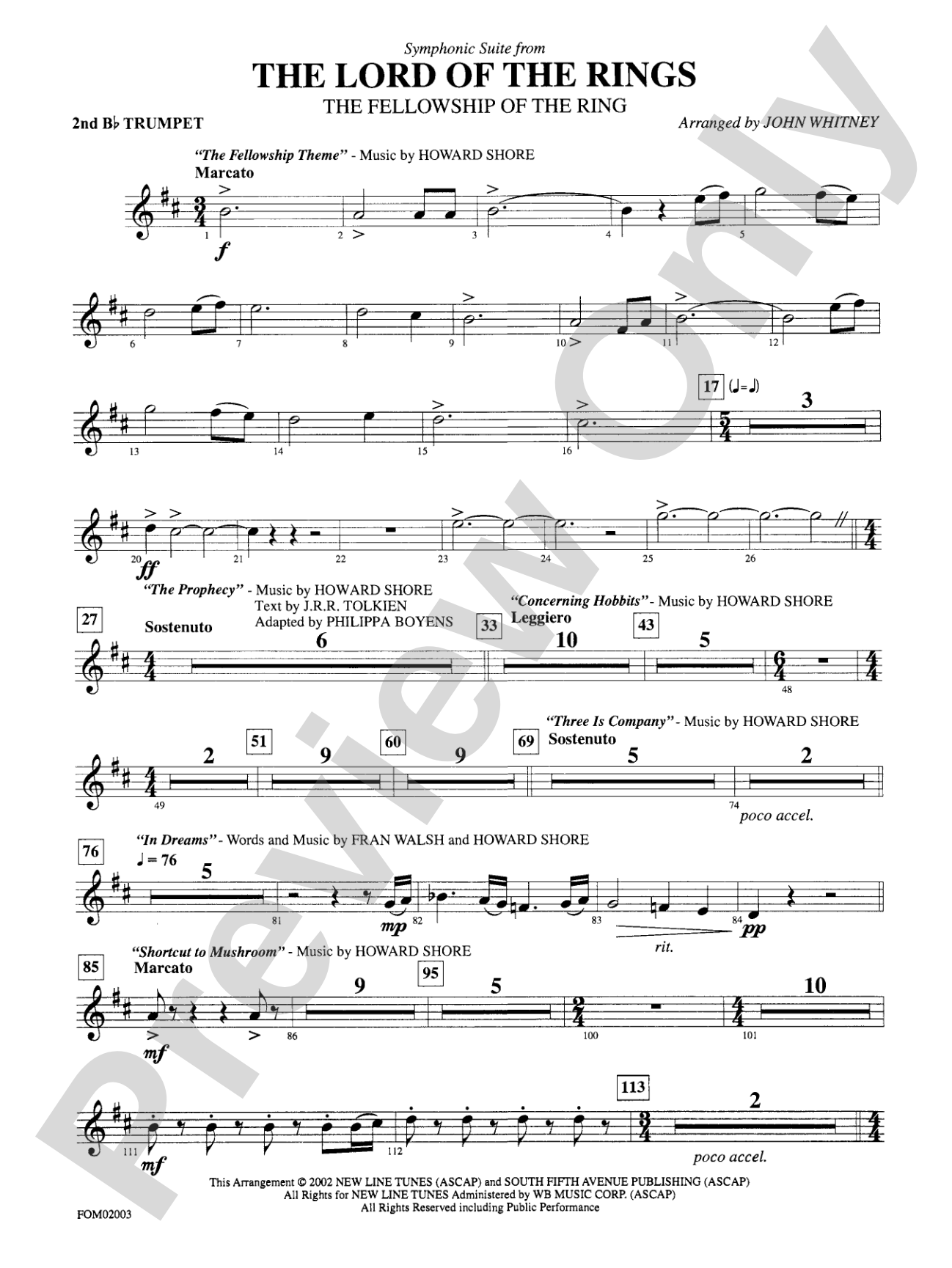 The Lord of the Rings: The Fellowship of the Ring, Symphonic Suite from: 2nd B-flat Trumpet