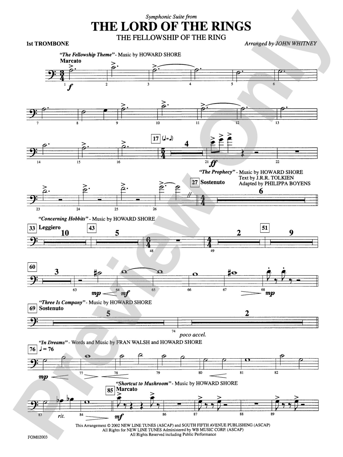 The Lord of the Rings: The Fellowship of the Ring, Symphonic Suite from: 1st Trombone