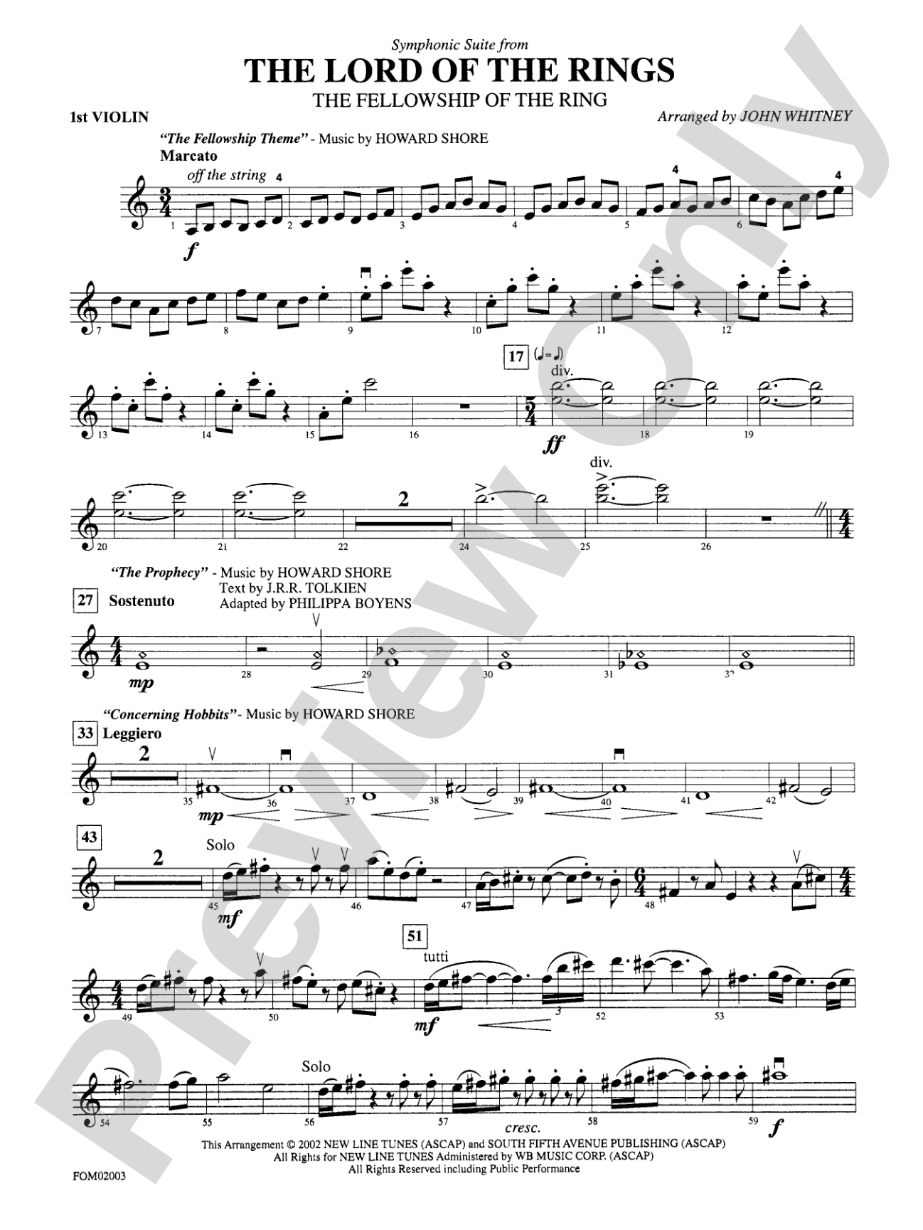 The Lord of the Rings: The Fellowship of the Ring, Symphonic Suite from: 1st Violin
