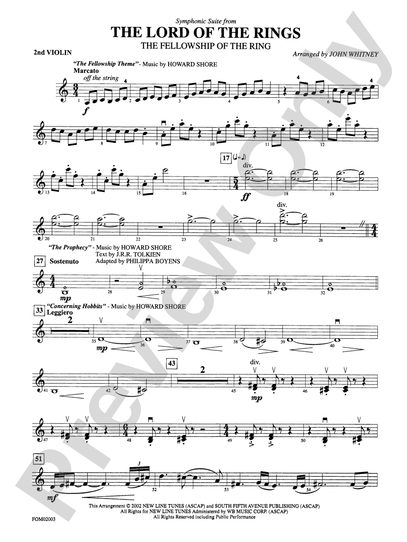The Lord of the Rings: The Fellowship of the Ring, Symphonic Suite from: 2nd Violin