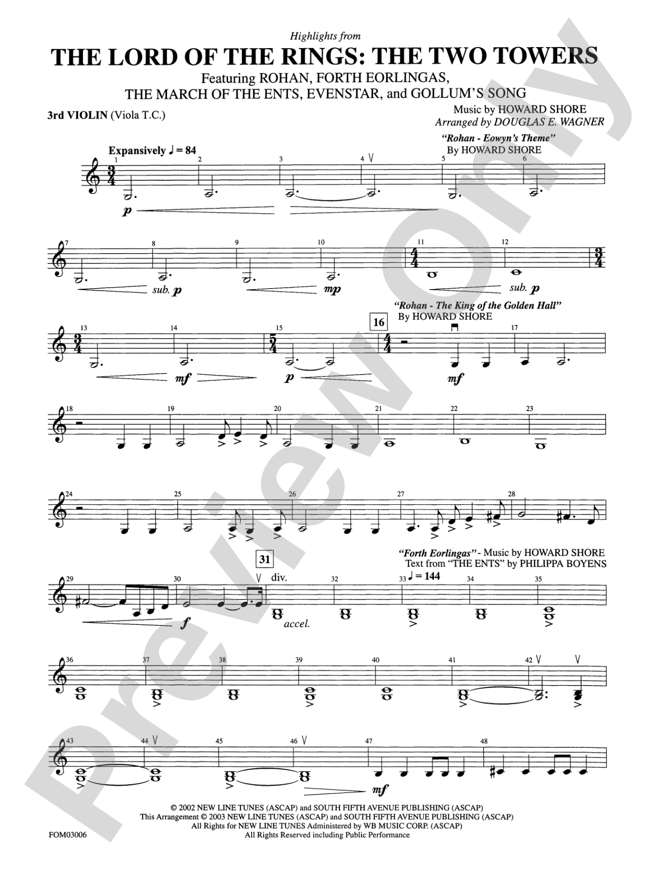 The Lord of the Rings: The Two Towers, Highlights from: 3rd Violin (Viola [TC])