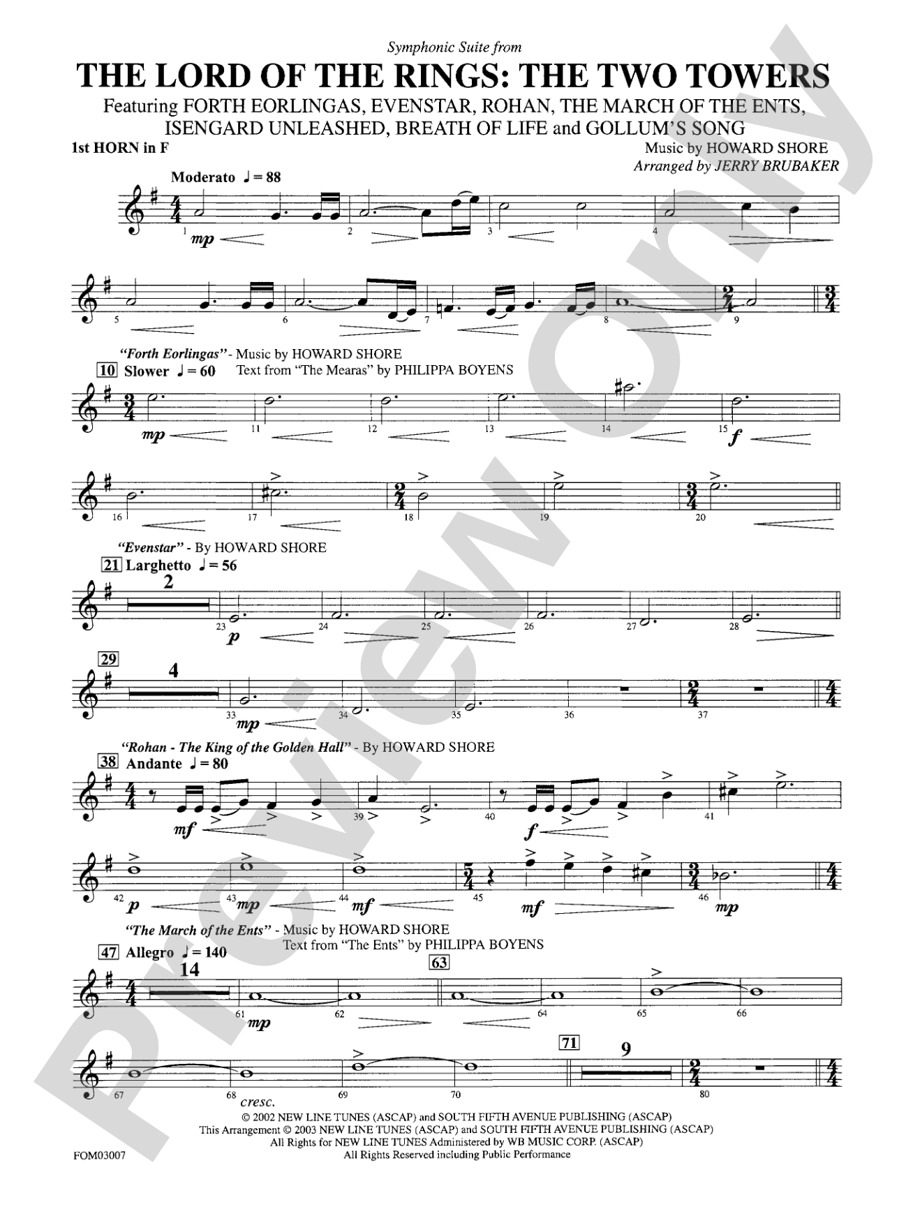 The Lord of the Rings: The Two Towers, Symphonic Suite from: 1st F Horn