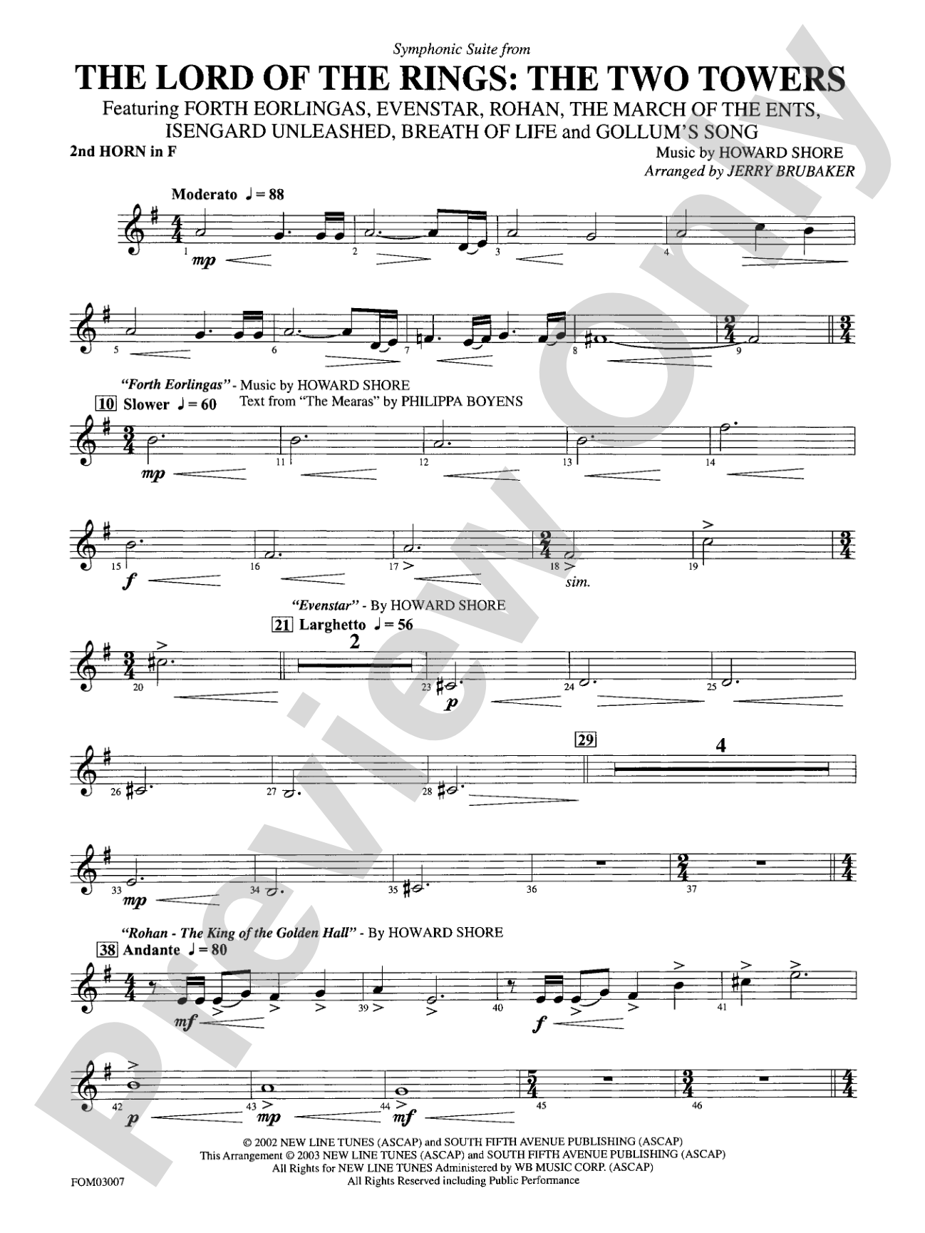 The Lord of the Rings: The Two Towers, Symphonic Suite from: 2nd F Horn