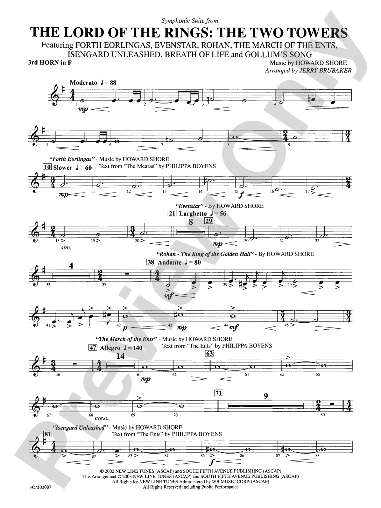The Lord of the Rings: The Two Towers, Symphonic Suite from: 3rd F Horn