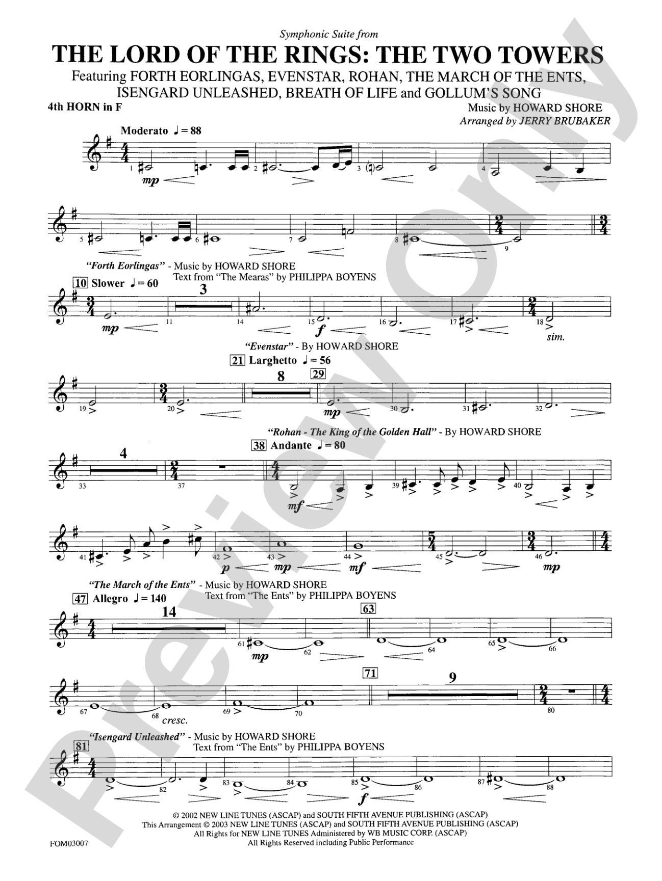 The Lord of the Rings: The Two Towers, Symphonic Suite from: 4th F Horn