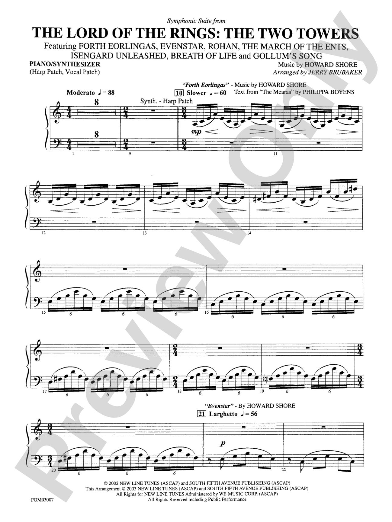 The Lord of the Rings: The Two Towers, Symphonic Suite from: Keyboard/Synthesizer