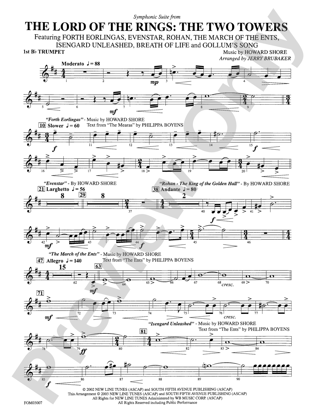The Lord of the Rings: The Two Towers, Symphonic Suite from: 1st B-flat Trumpet