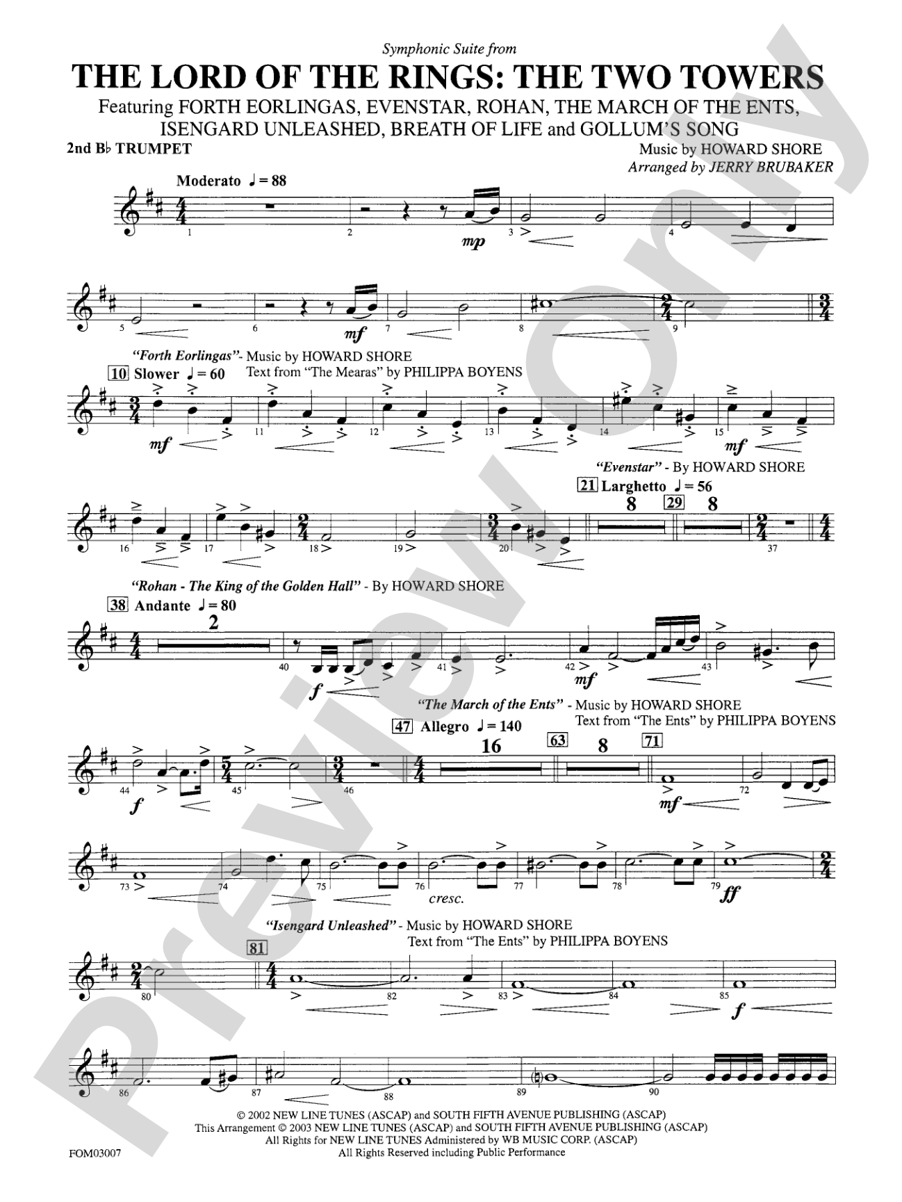 The Lord of the Rings: The Two Towers, Symphonic Suite from: 2nd B-flat Trumpet