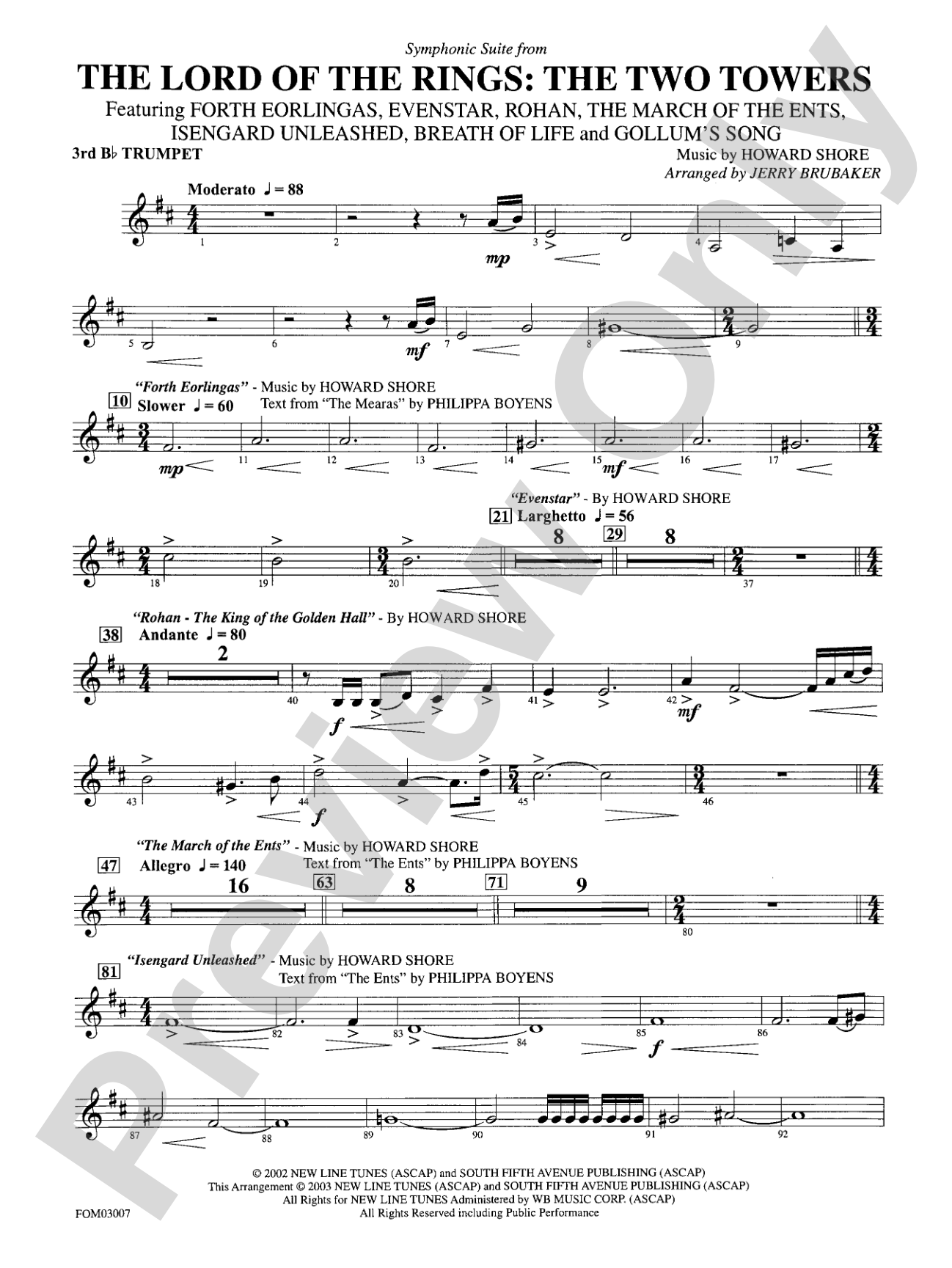 The Lord of the Rings: The Two Towers, Symphonic Suite from: 3rd B-flat Trumpet