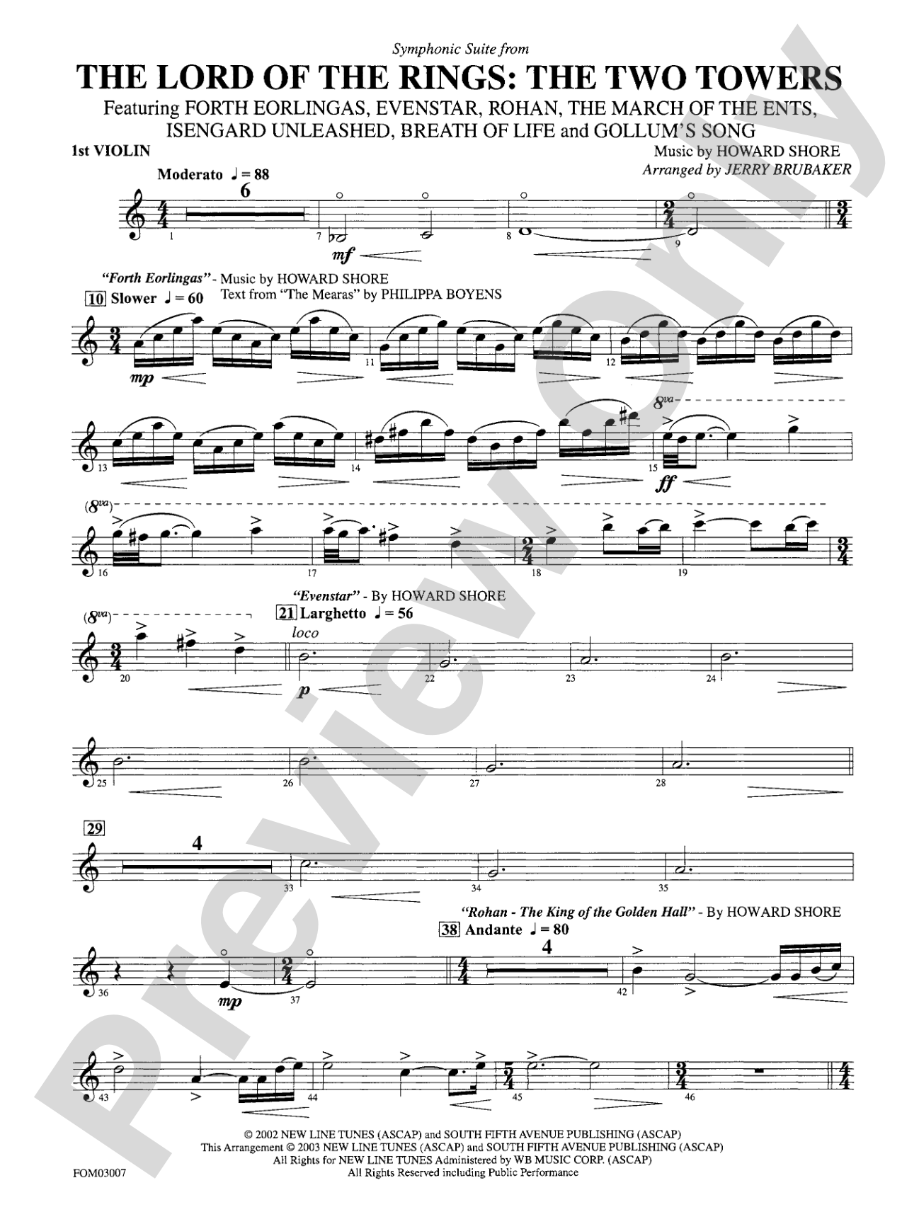 The Lord of the Rings: The Two Towers, Symphonic Suite from: 1st Violin