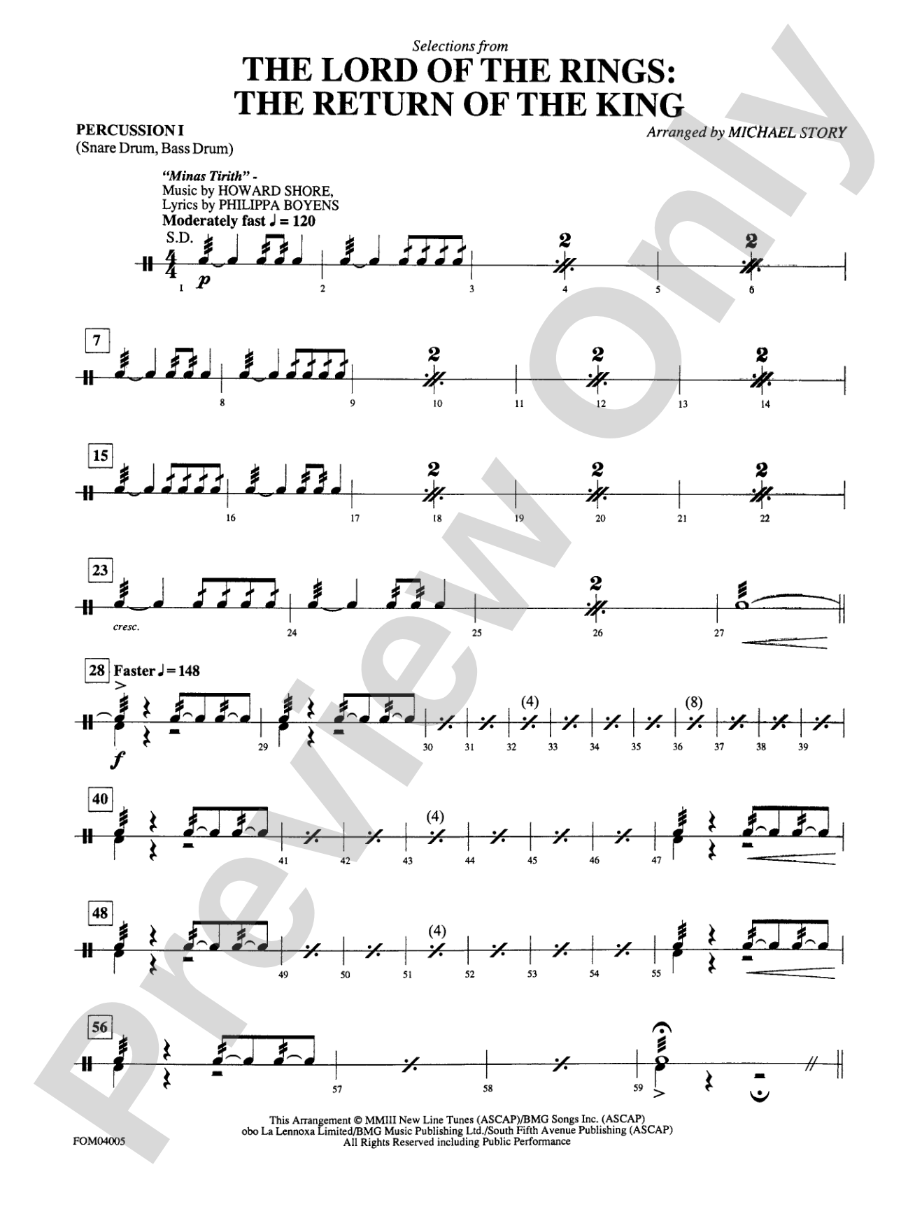 The Lord of the Rings: The Return of the King, Selections from: 1st Percussion