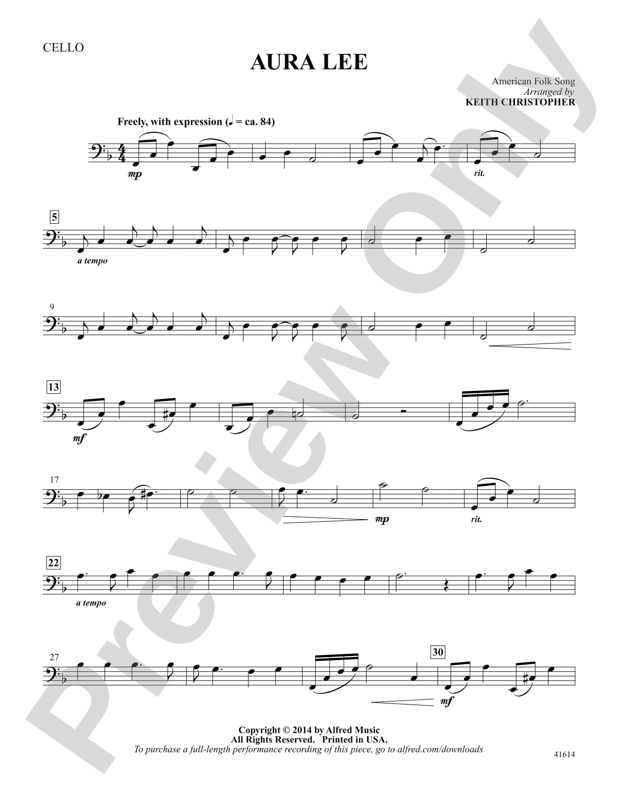 Aura Lee: Cello: Choral SoundPax