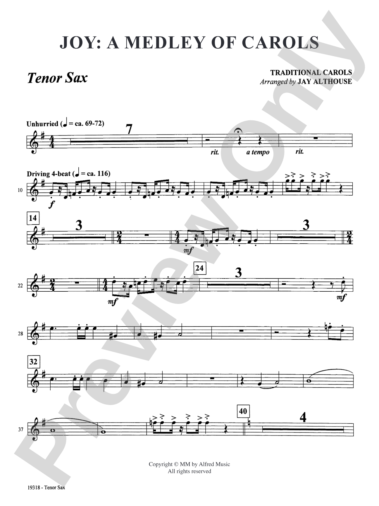 Joy: A Medley of Carols: B-flat Tenor Saxophone