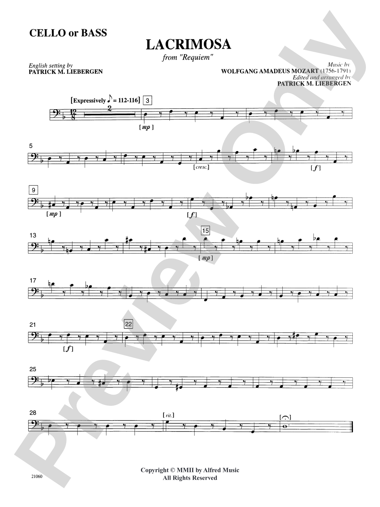 Lacrimosa (from Requiem): Cello