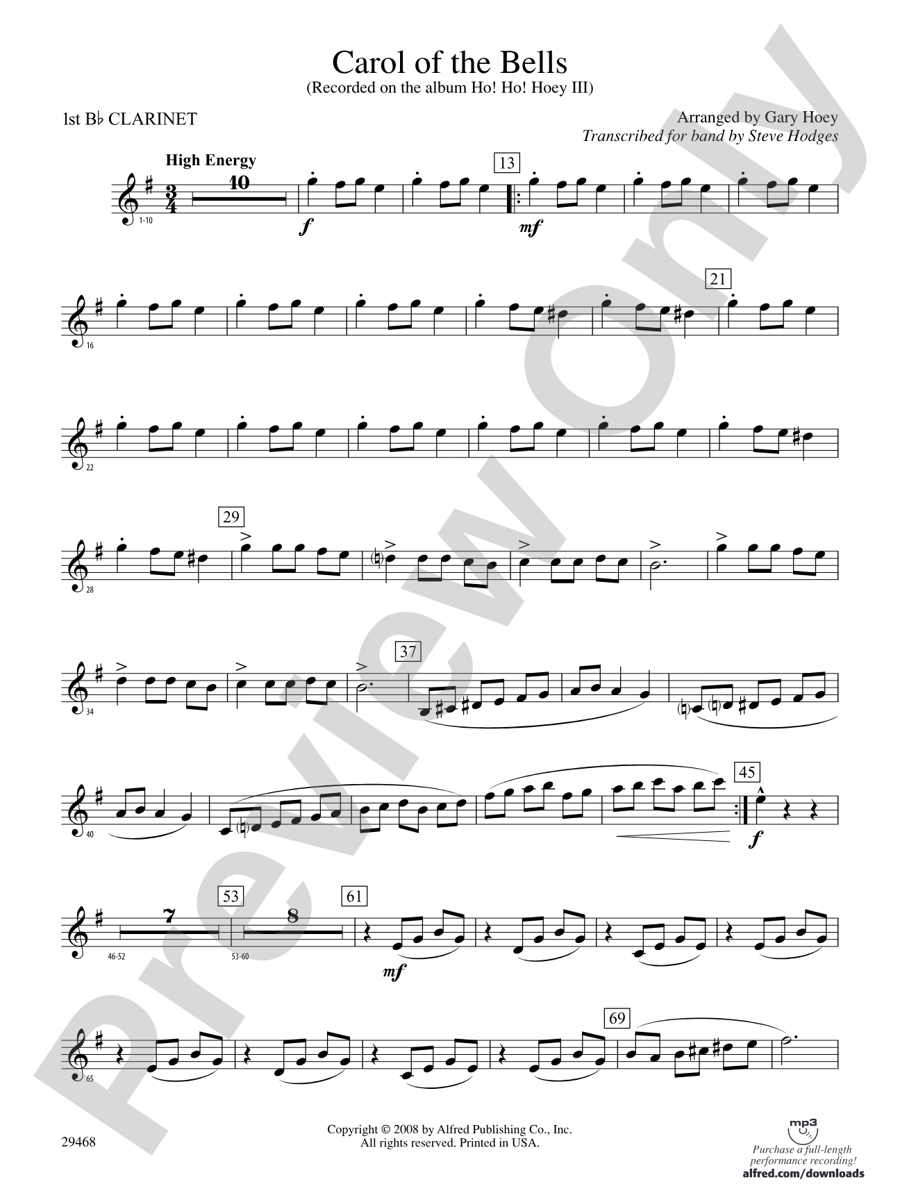 Carol of the Bells: 1st B-flat Clarinet