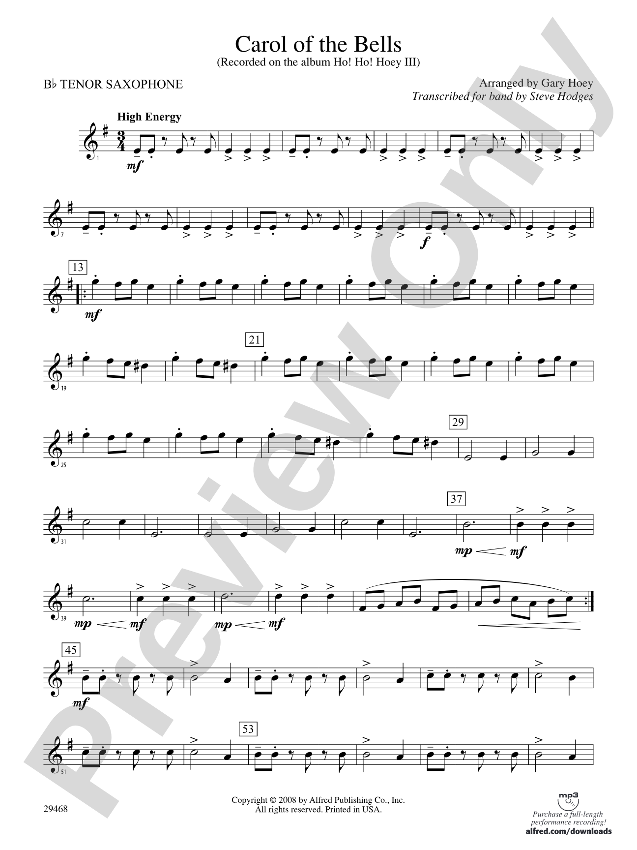 Carol of the Bells: B-flat Tenor Saxophone