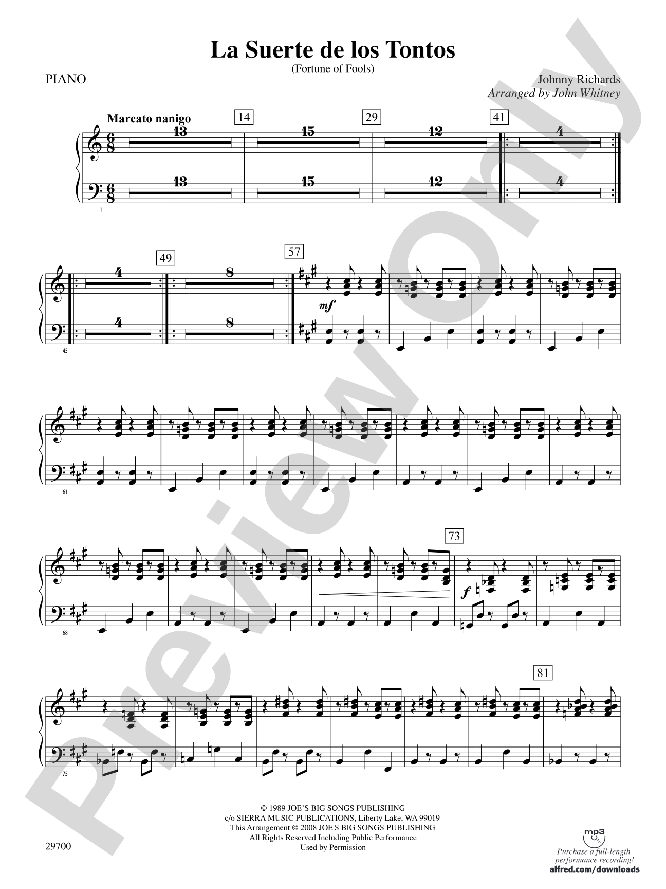 La Suerte de los Tontos (Fortune of Fools): Piano Accompaniment