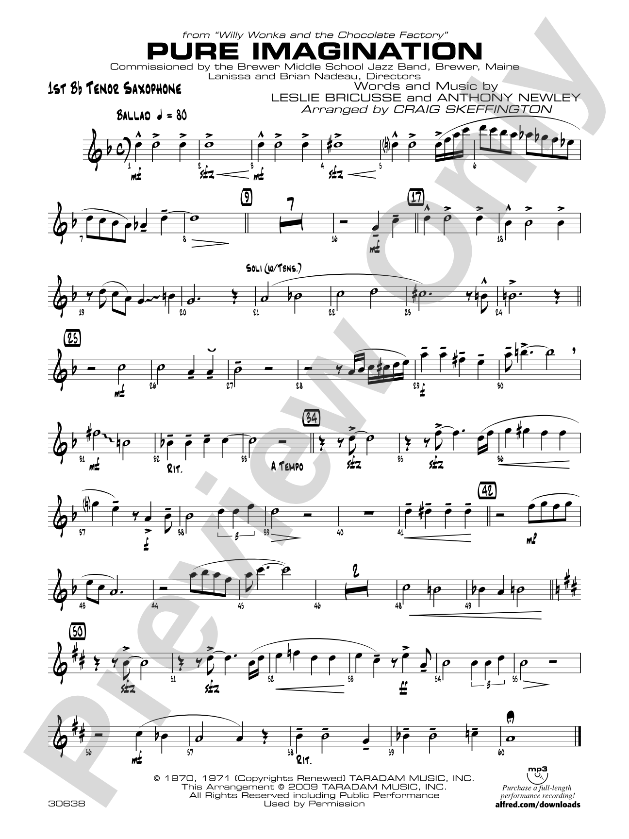 Pure Imagination (from Willy Wonka and the Chocolate Factory): B-flat Tenor Saxophone