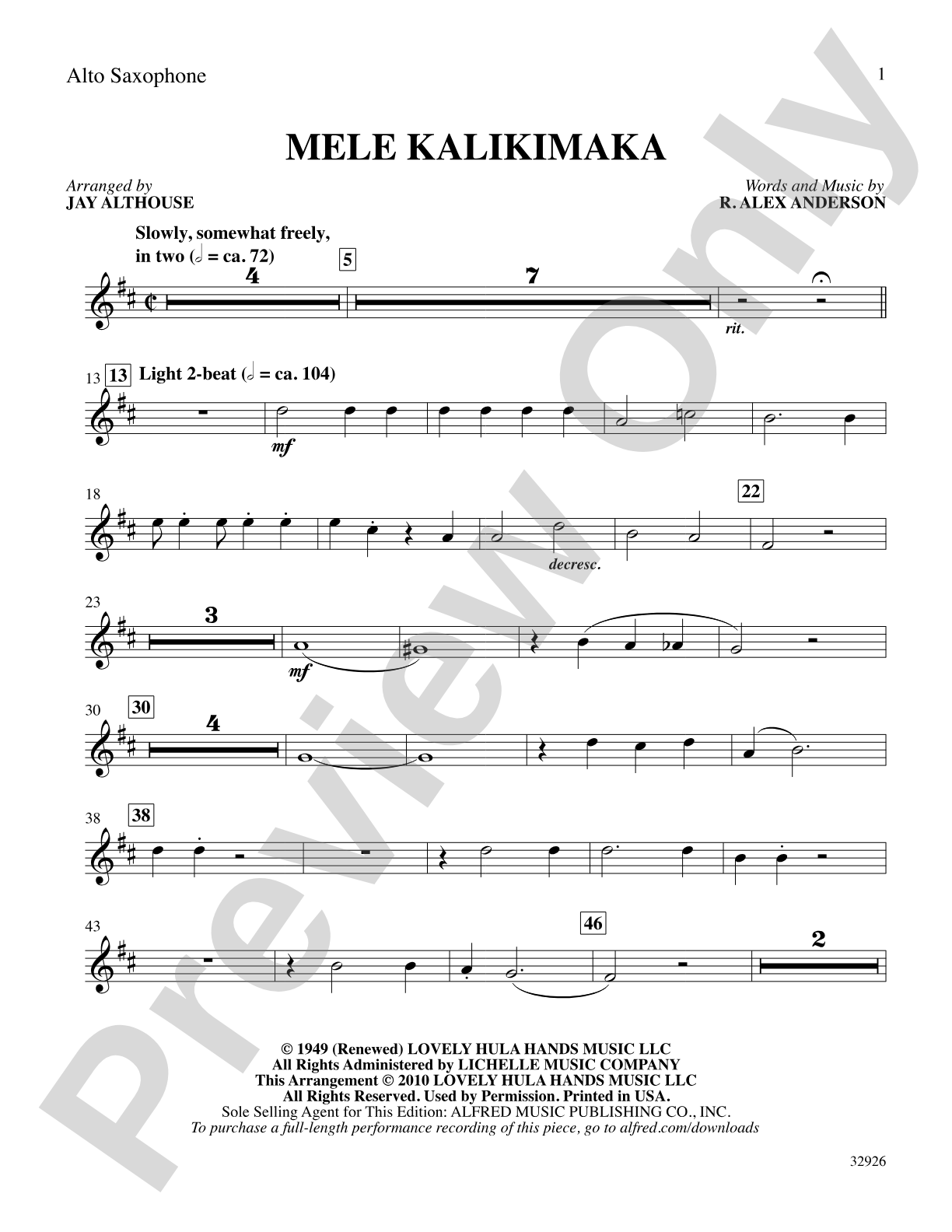 Mele Kalikimaka: E-flat Alto Saxophone