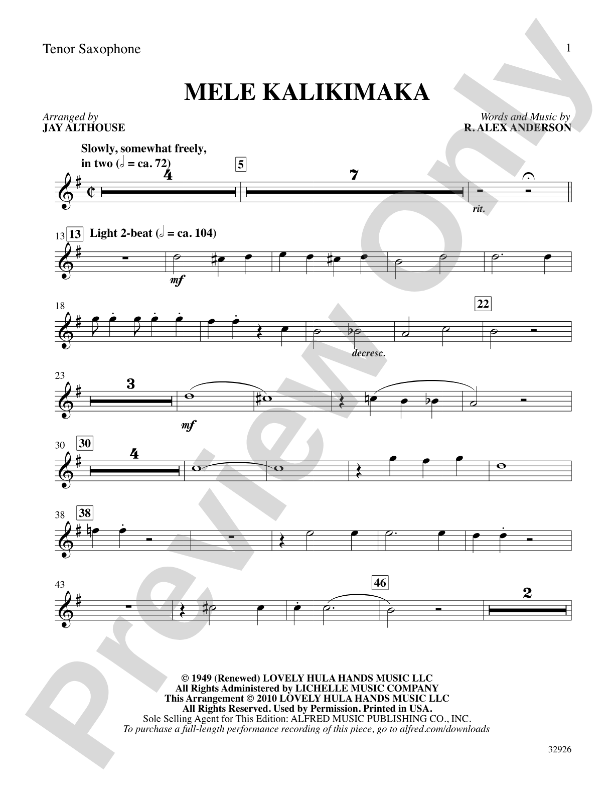 Mele Kalikimaka: B-flat Tenor Saxophone