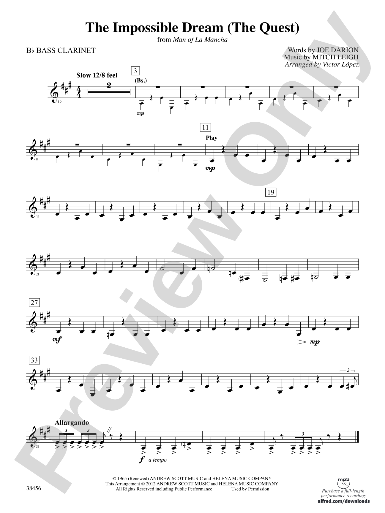 The Impossible Dream (from Man of La Mancha): B-flat Bass Clarinet