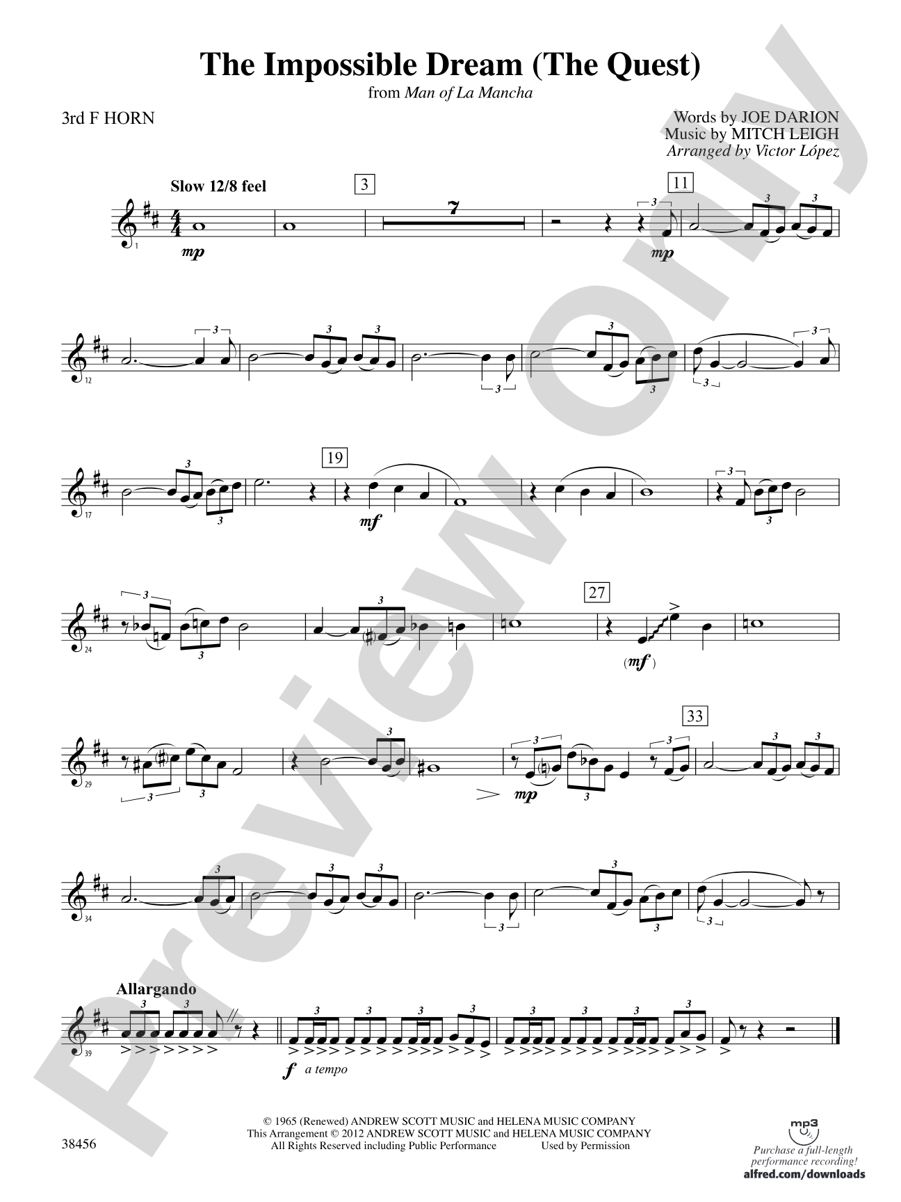 The Impossible Dream (from Man of La Mancha): 3rd F Horn