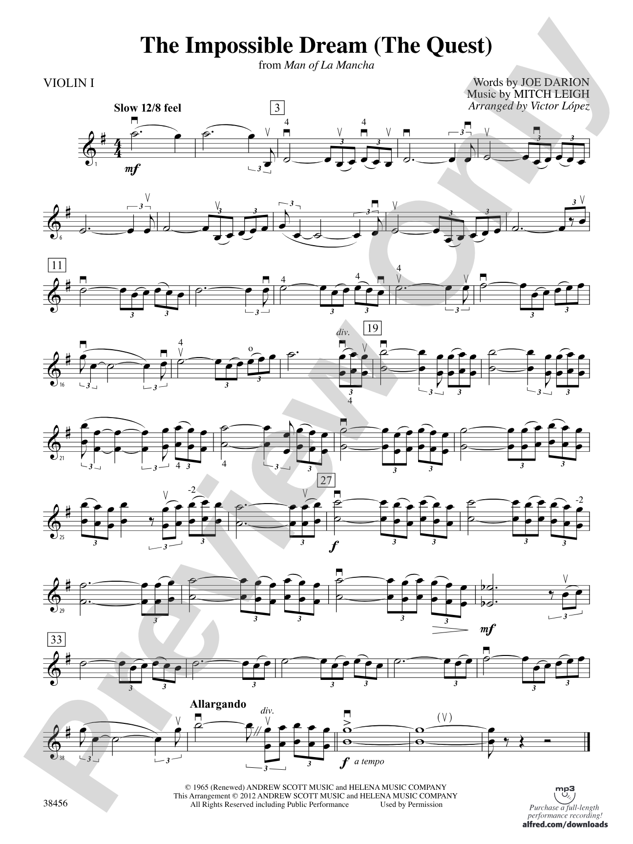 The Impossible Dream (from Man of La Mancha): 1st Violin