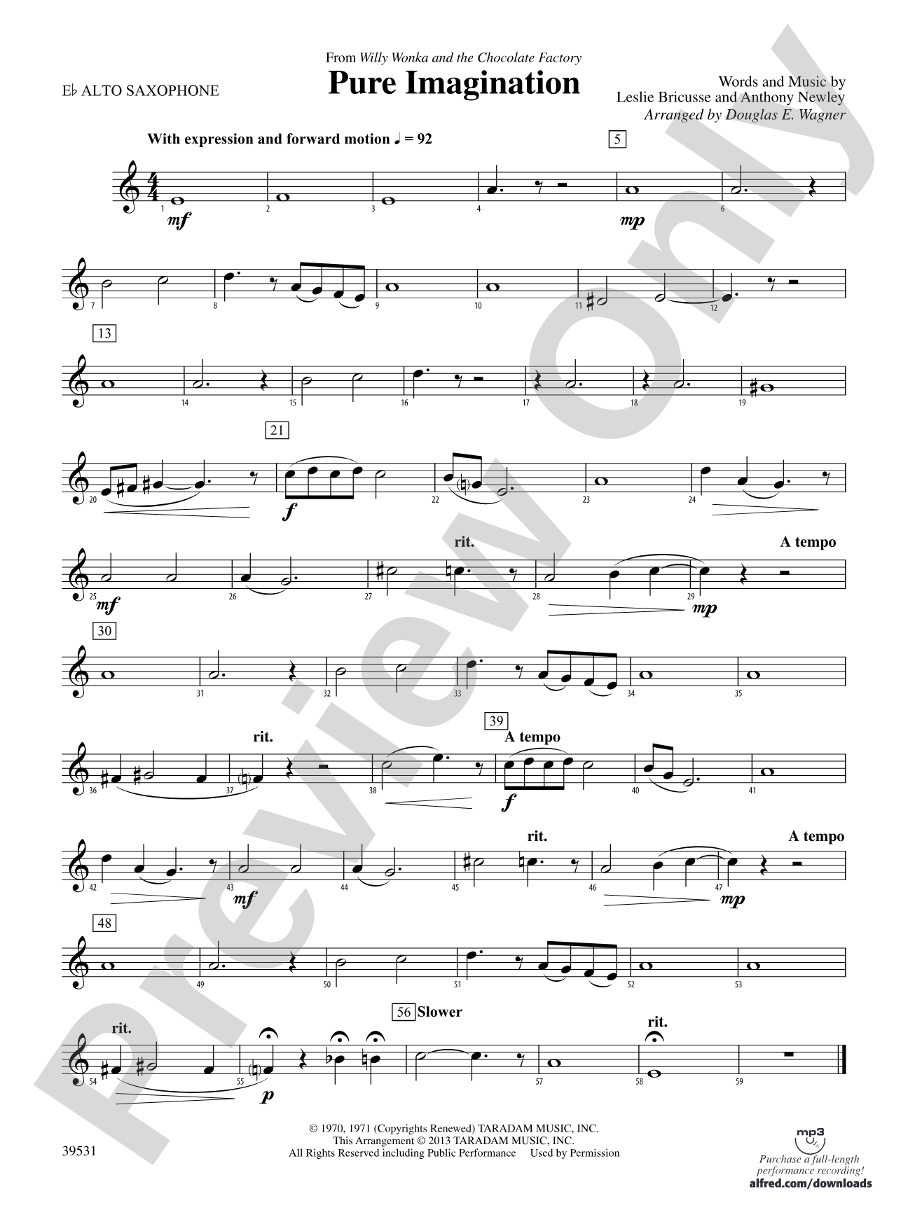 Pure Imagination (from Willy Wonka and the Chocolate Factory): E-flat Alto Saxophone