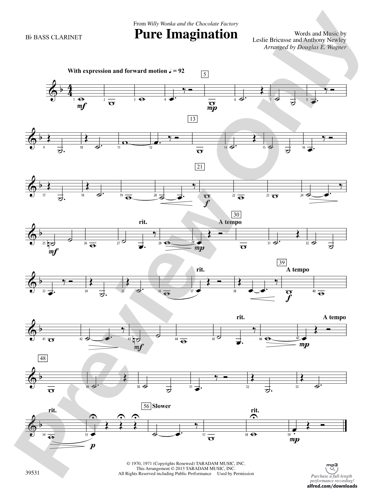 Pure Imagination (from Willy Wonka and the Chocolate Factory): B-flat Bass Clarinet