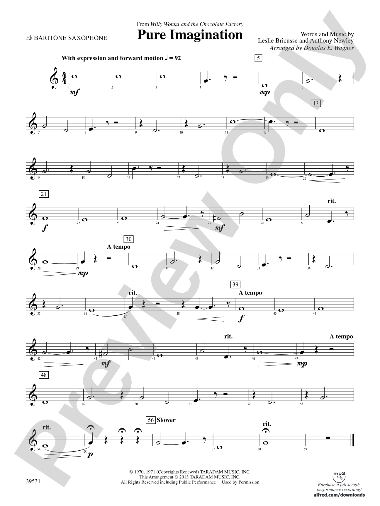 Pure Imagination (from Willy Wonka and the Chocolate Factory): E-flat Baritone Saxophone