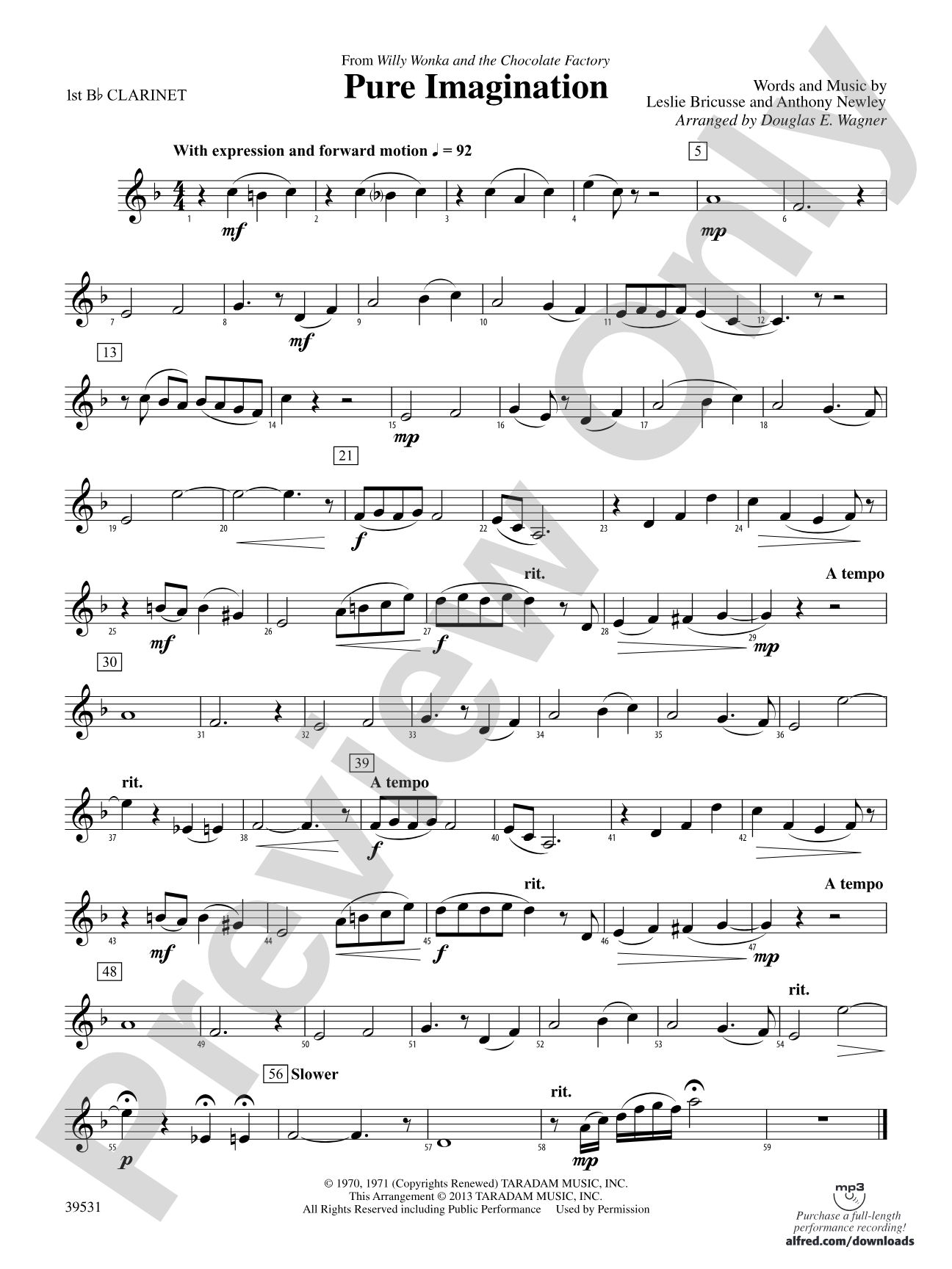 Pure Imagination (from Willy Wonka and the Chocolate Factory): 1st B-flat Clarinet