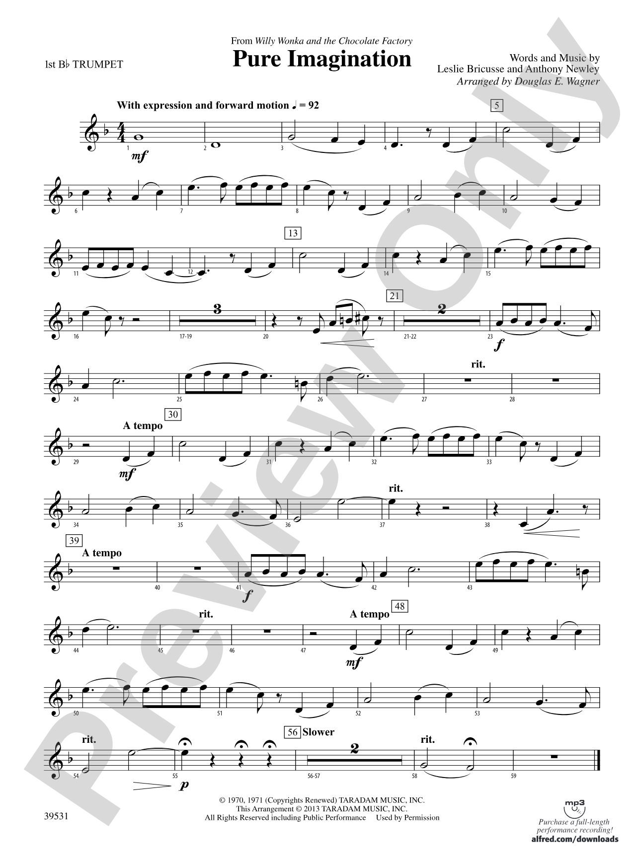 Pure Imagination (from Willy Wonka and the Chocolate Factory): 1st B-flat Trumpet