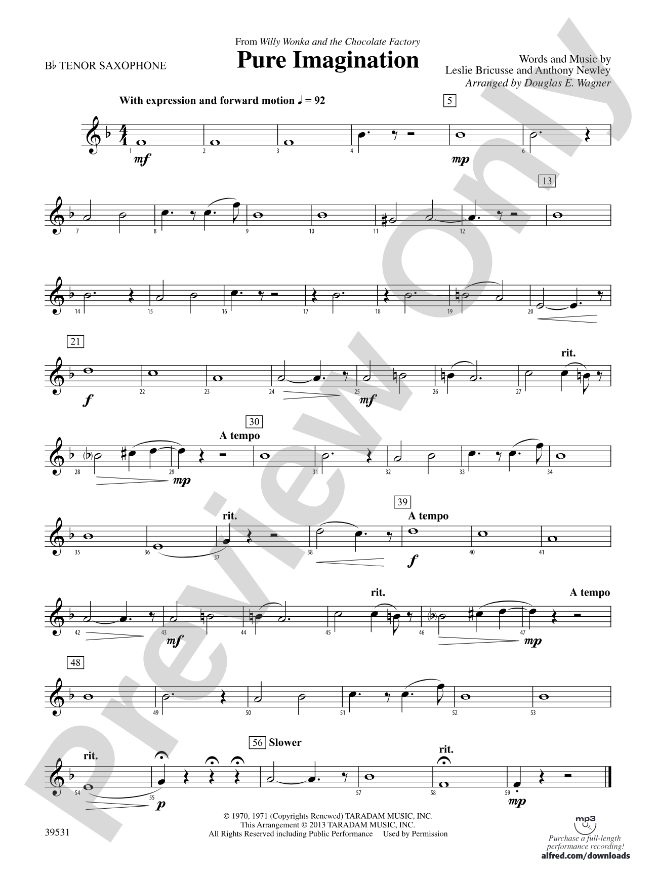 Pure Imagination (from Willy Wonka and the Chocolate Factory): B-flat Tenor Saxophone