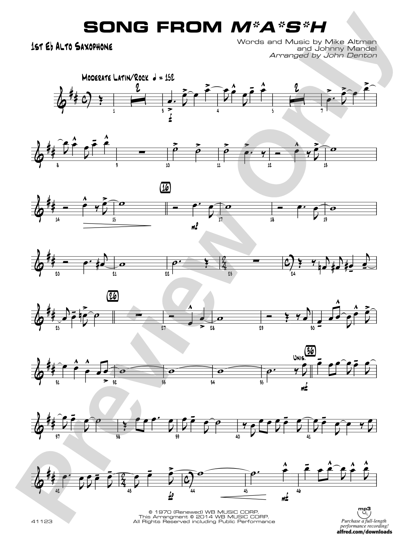 Song from M*A*S*H: E-flat Alto Saxophone