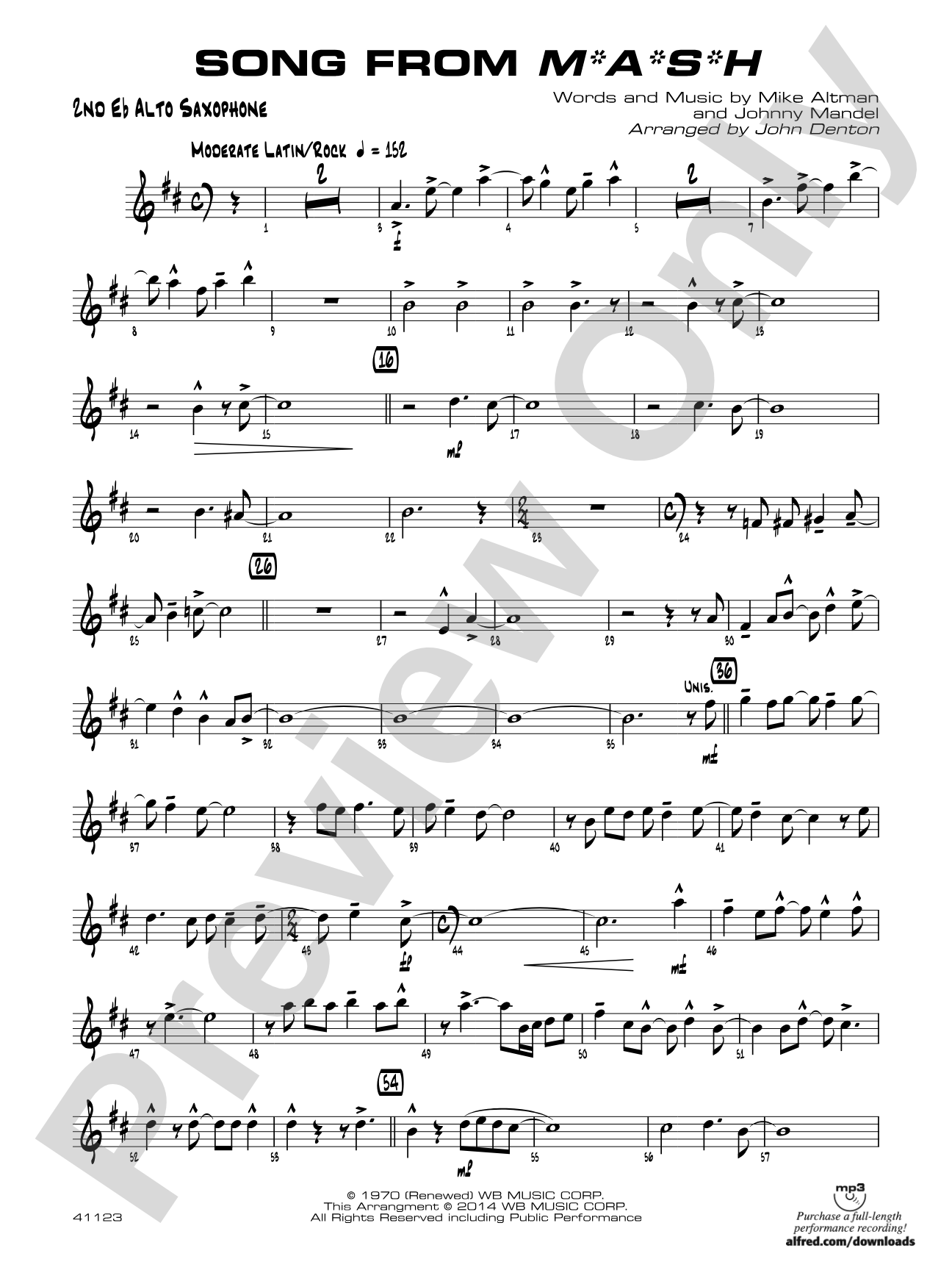 Song from M*A*S*H: 2nd E-flat Alto Saxophone