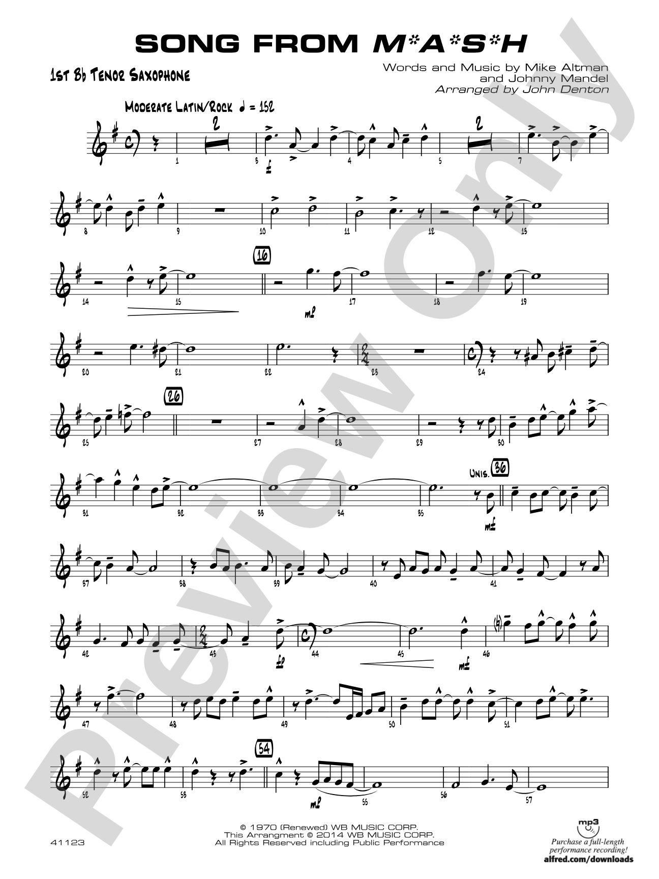 Song from M*A*S*H: B-flat Tenor Saxophone